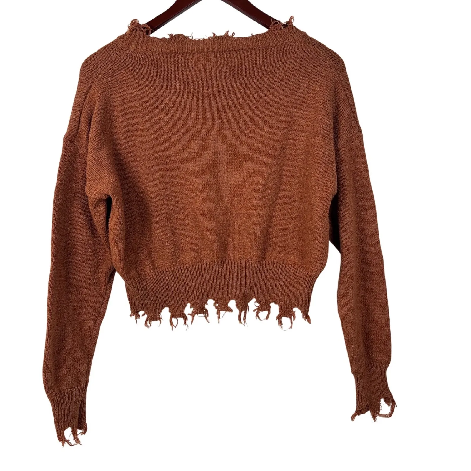 Dreamers by Debut XS Frayed Rust Orange Distressed Crop Sweater Boho Cropped Brown - Image 7