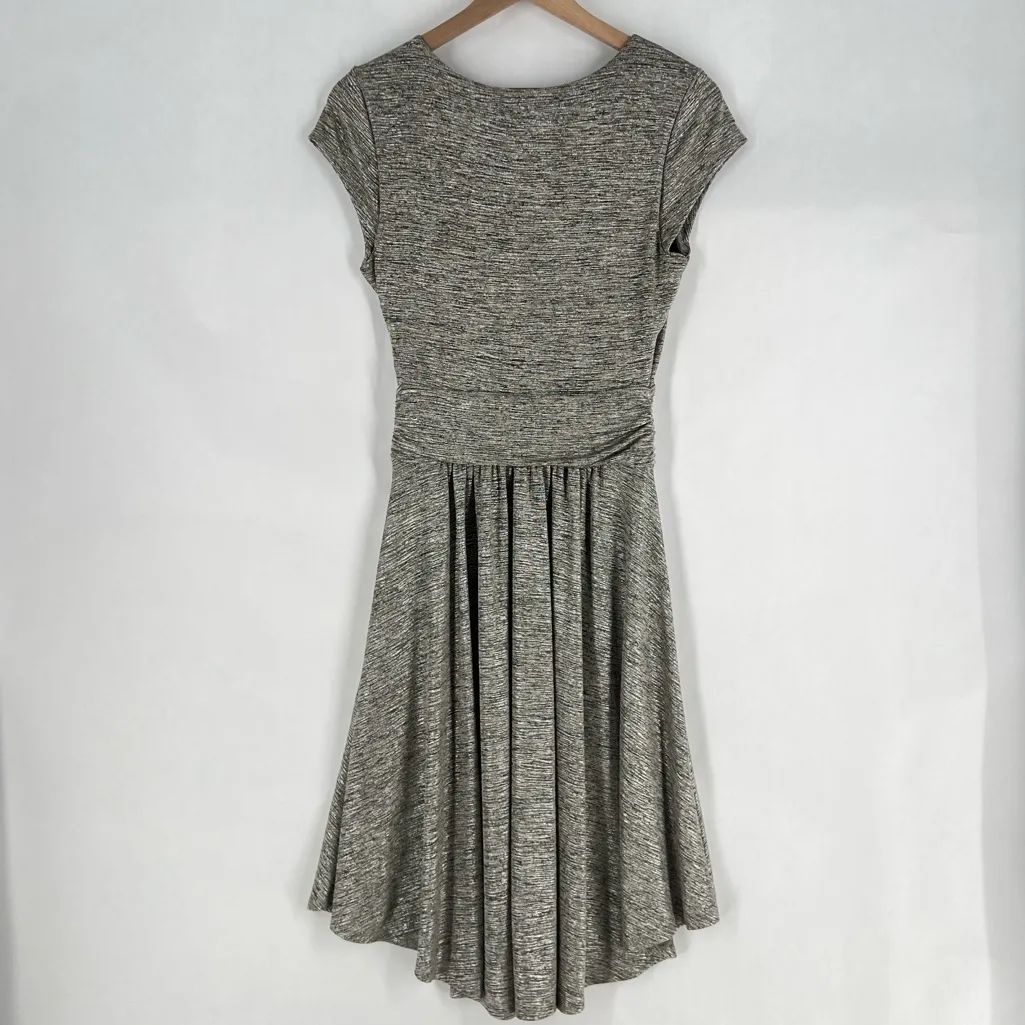 Anthropologie Maeve Tamera Metallic Silver Surplice‎ Faux Wrap Midi Dress Size S - Image 9