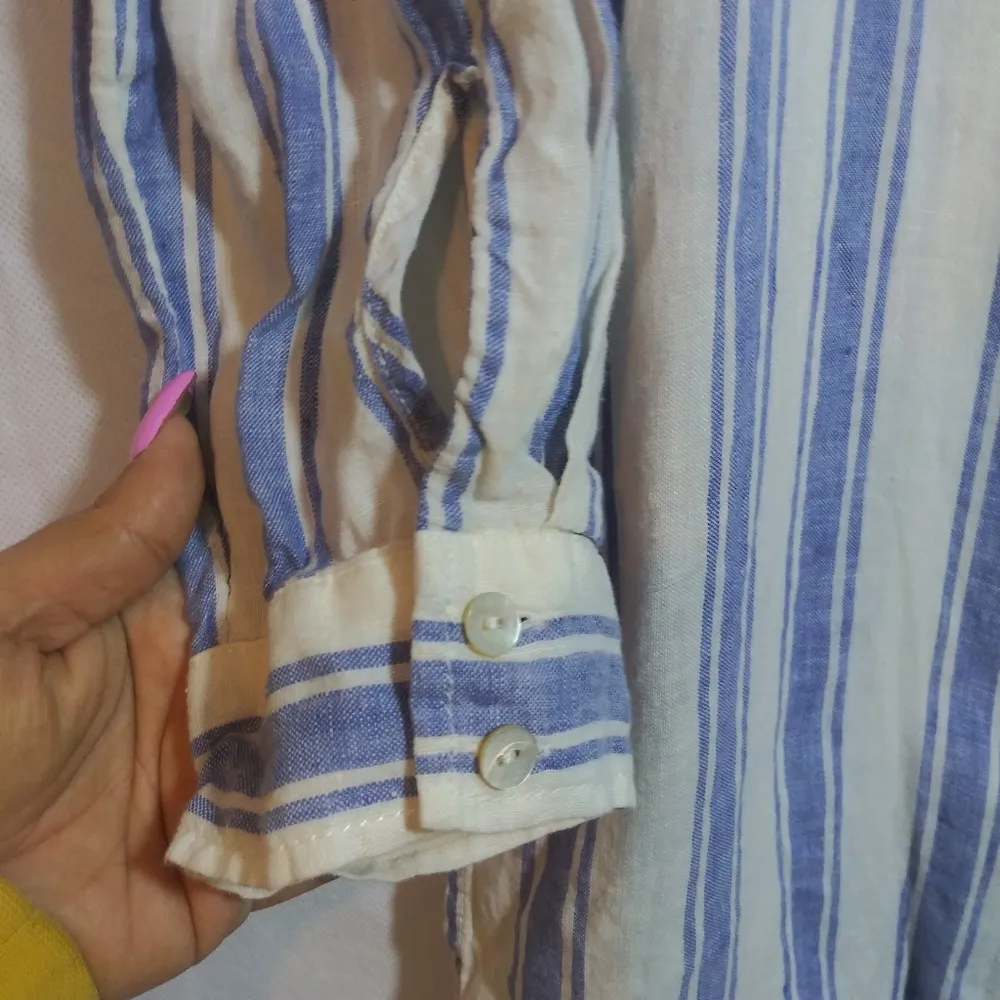 Antibes Blanc Linen Blue White Stripe Collared Button Down Tunic Shirt Size M Size M - Image 5