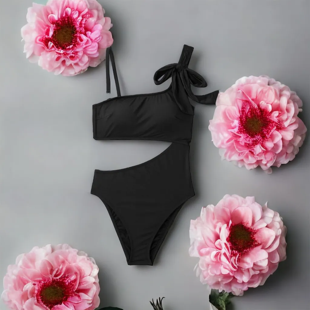 Shade & Shore One Shoulder Bow Cut Out One‎ Piece Black Swimsuit 
Size XL - Image 12