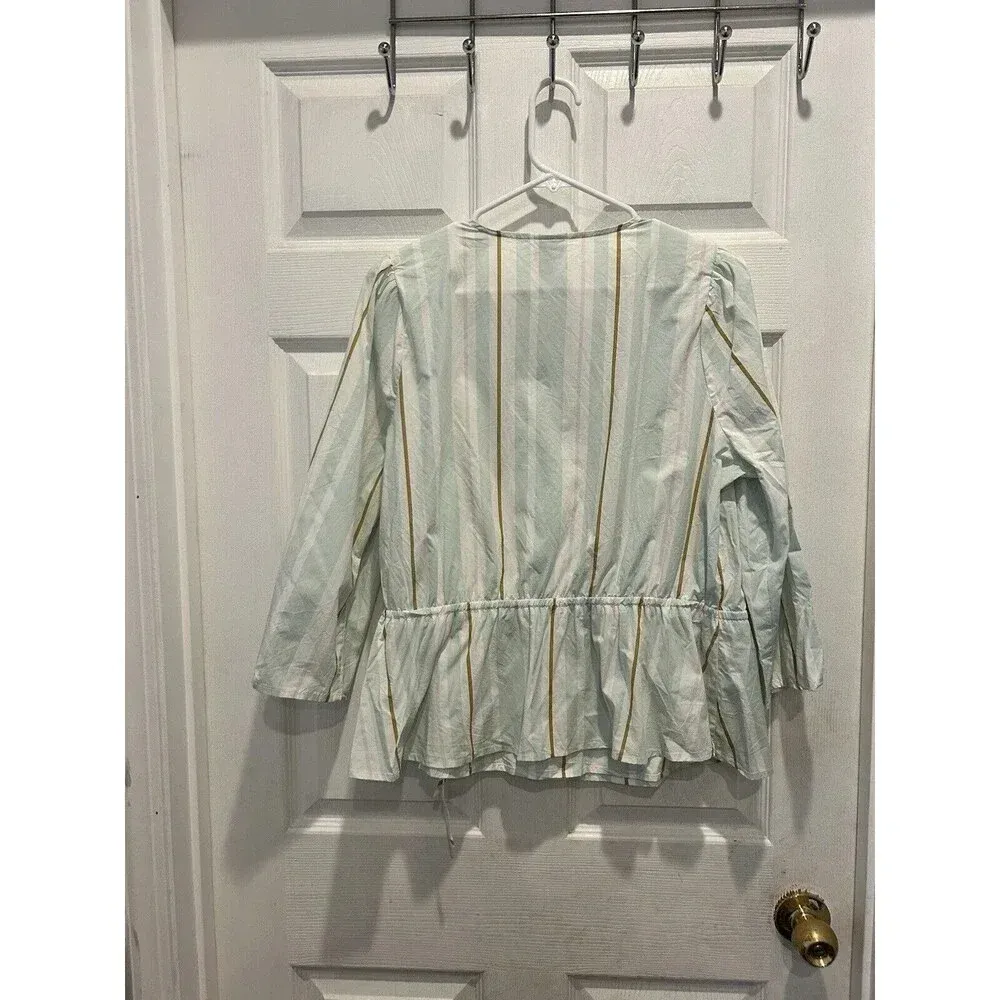 A‎ New Day 100% Cotton Mint Green Striped Faux Wrap Blouse Size Large - Image 5