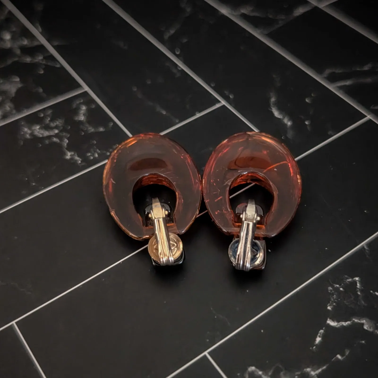 Vintage Clip On Earrings Dark Amber Tone Dangle - Image 7