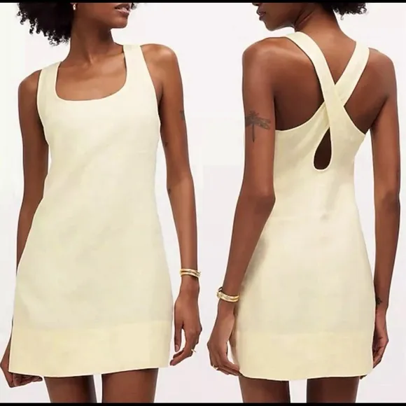 NWT MADEWELL Mini Dress Women 00 Yellow Linen Cross Back A-Line Broken Zipper - Image 2