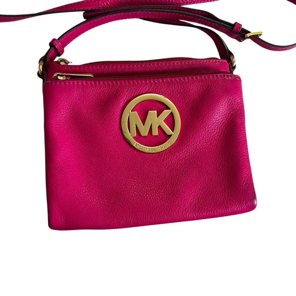 Michael Kors Jet Set Pink Leather Crossbody Bag Gold Logo Small Wallet Purse - Image 4