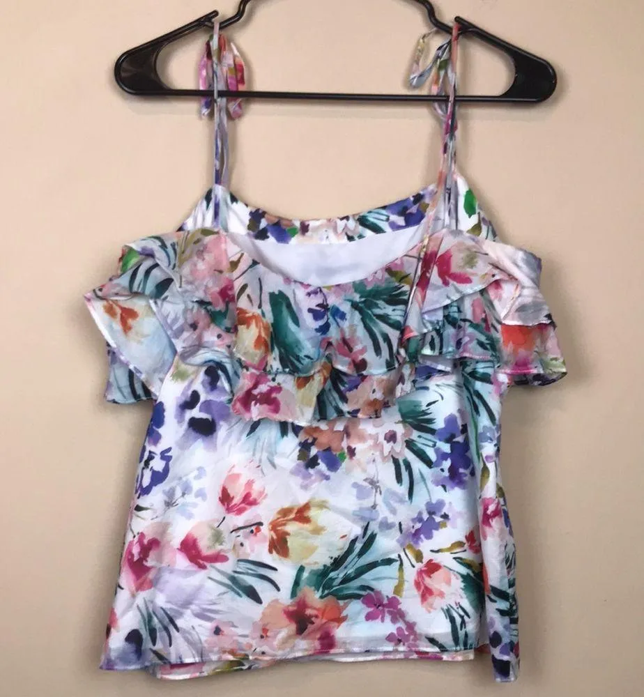 Amanda Uprichard Women’s Floral Print Multicolor Ruffle Tie Straps Tank Blouse - Image 5