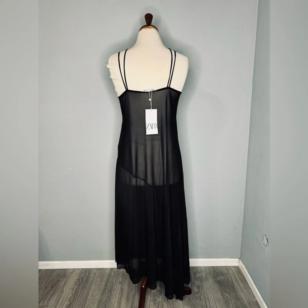 ZARA New Black Tulle Slip Midi Dress Asymmetric Hem with Spaghetti Straps Size M - Image 14
