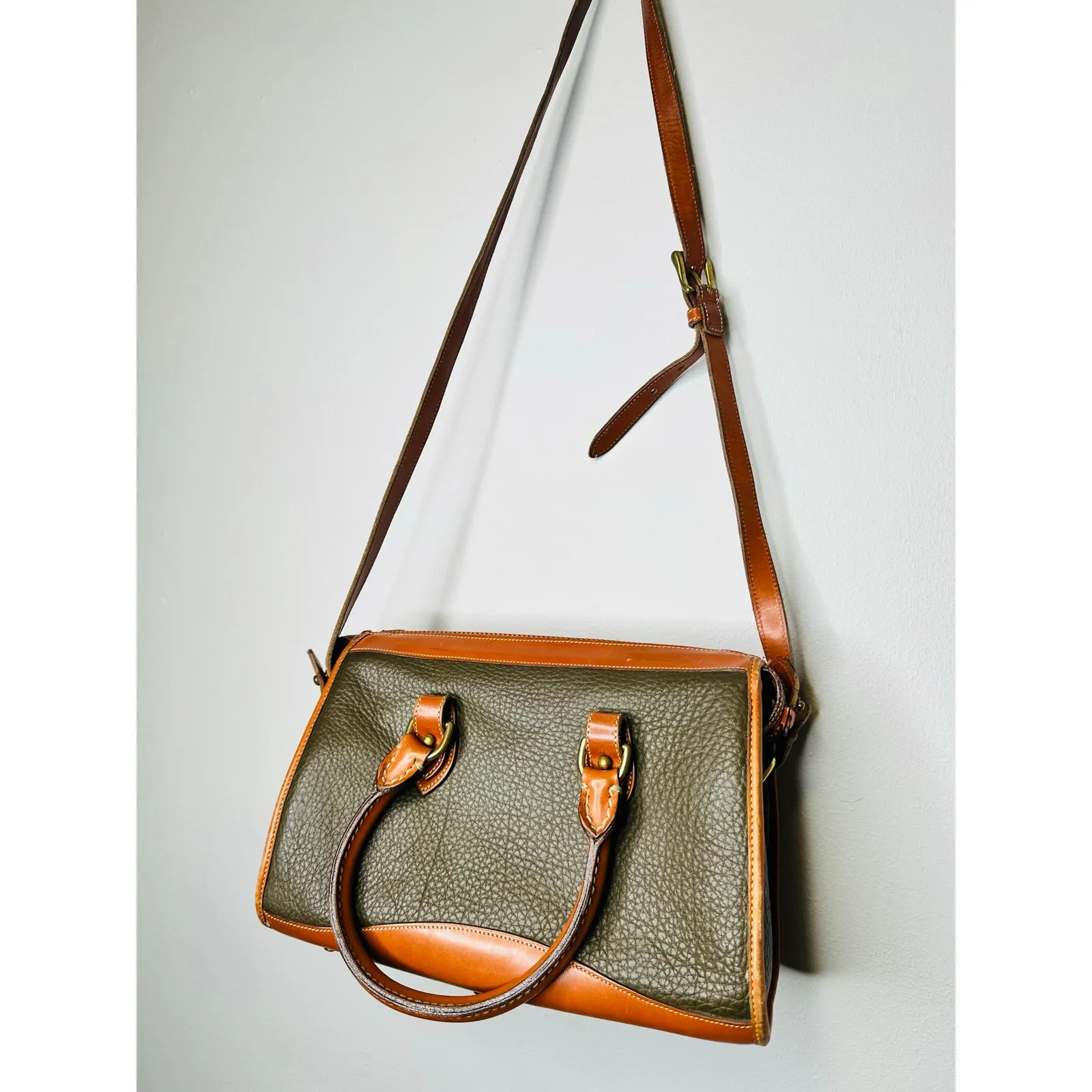 DOONEY & BOURKE Vintage 90s Olive Green Leather Top Handles Crossbody Handbag - Image 16