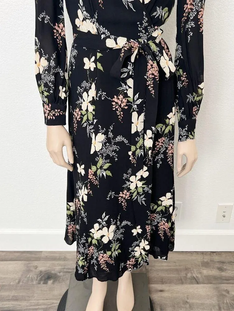 [Reformation] Black Floral Print Susanna Long Sleeve Wrap Midi Dress Sz Large L - Image 6