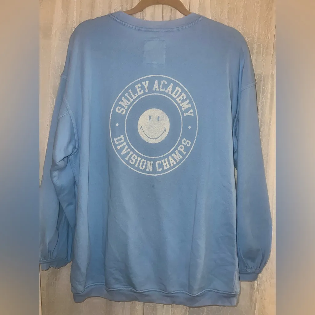 Aerie REAL Oversized Crewneck Sweatshirt Medium Blue Smiley Graphic Pullover XS - Image 7