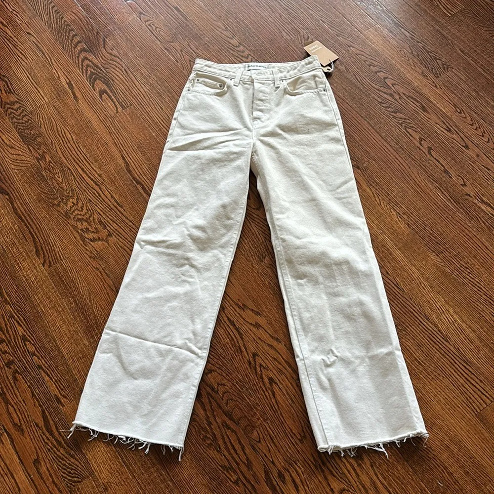 Reformation Fawcett Ivory High Waisted Straight Flare Leg Raw Hem Jeans - Image 3