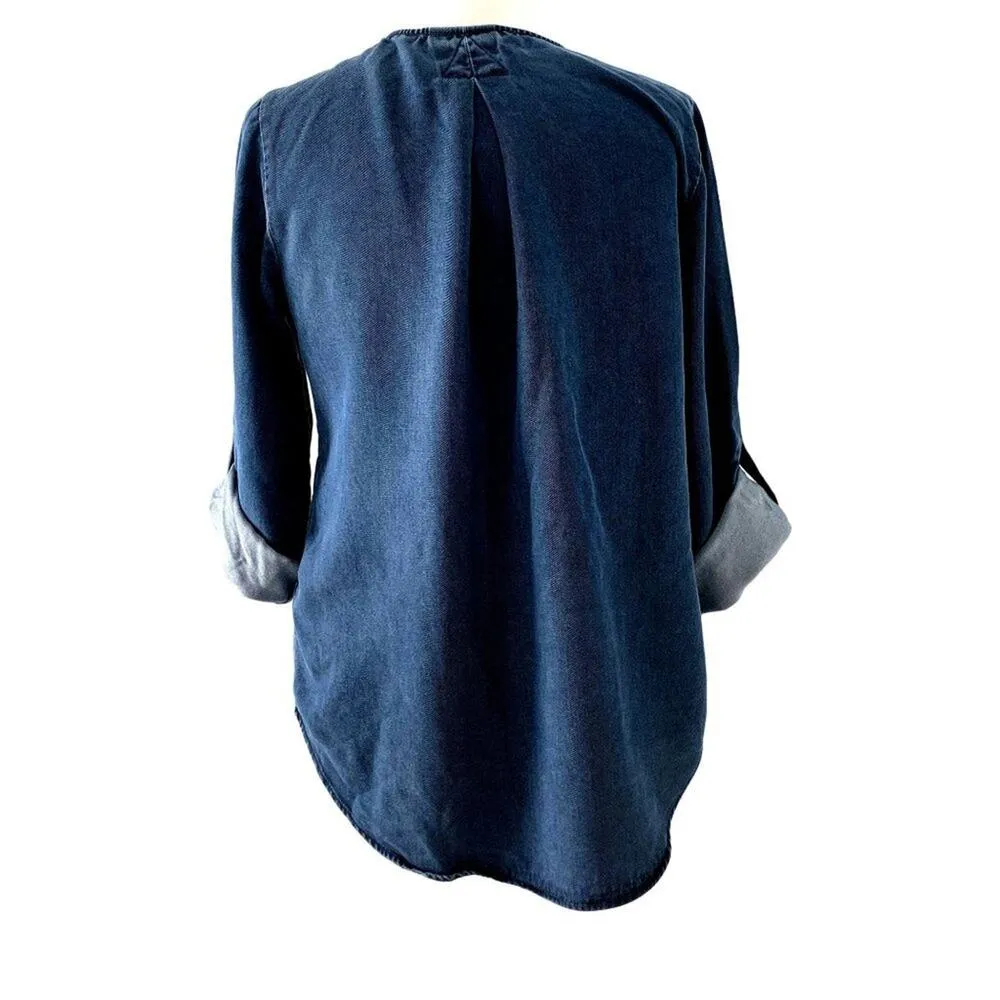 SOFT SURROUNDINGS Fairmont Denim Blue V-Neck Roll Tab Sleeves Top Sz XS‎ - Image 2