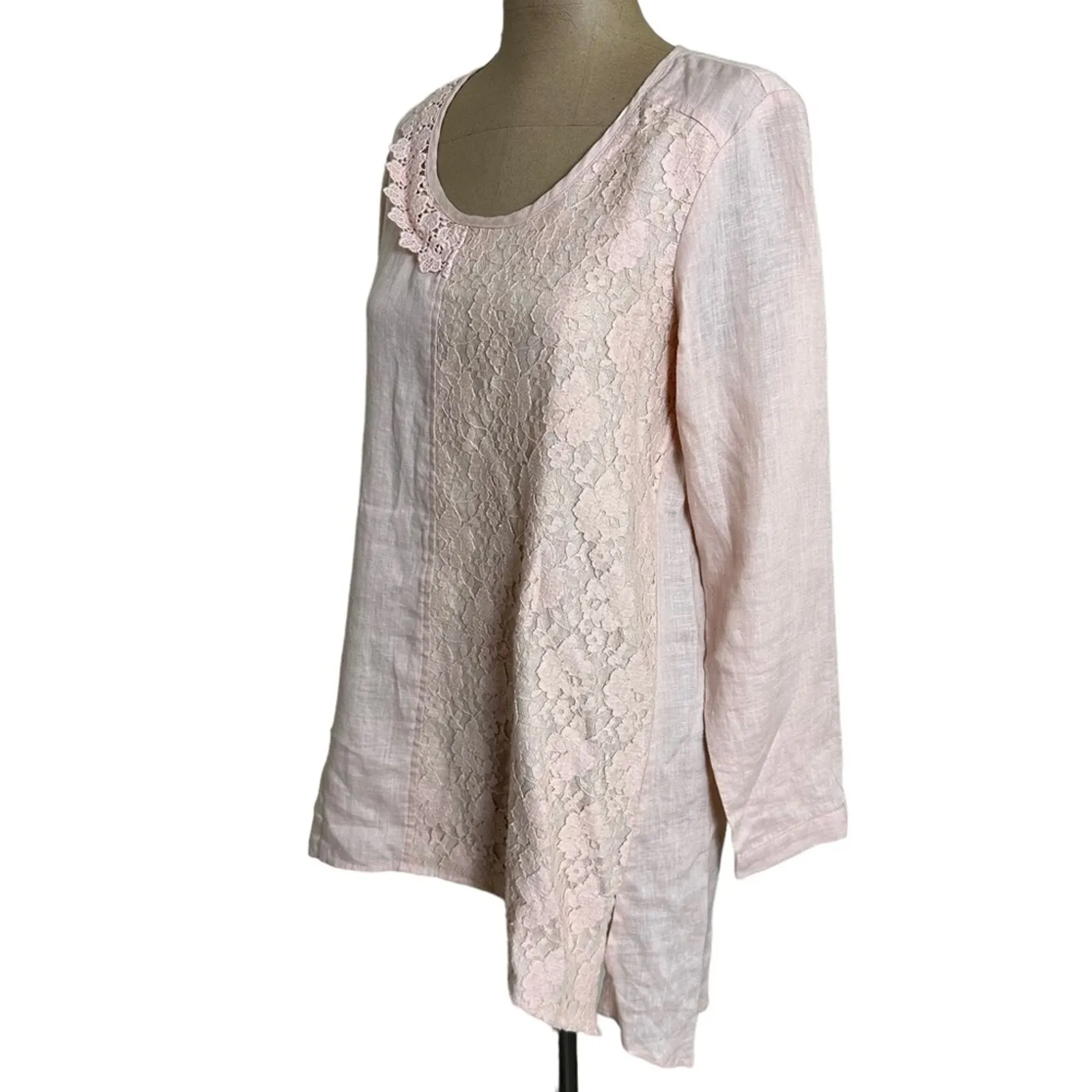 Sundance Light Pink Linen Round Neck Lace Trimmed Long Sleeve Blouse size XS - Image 6