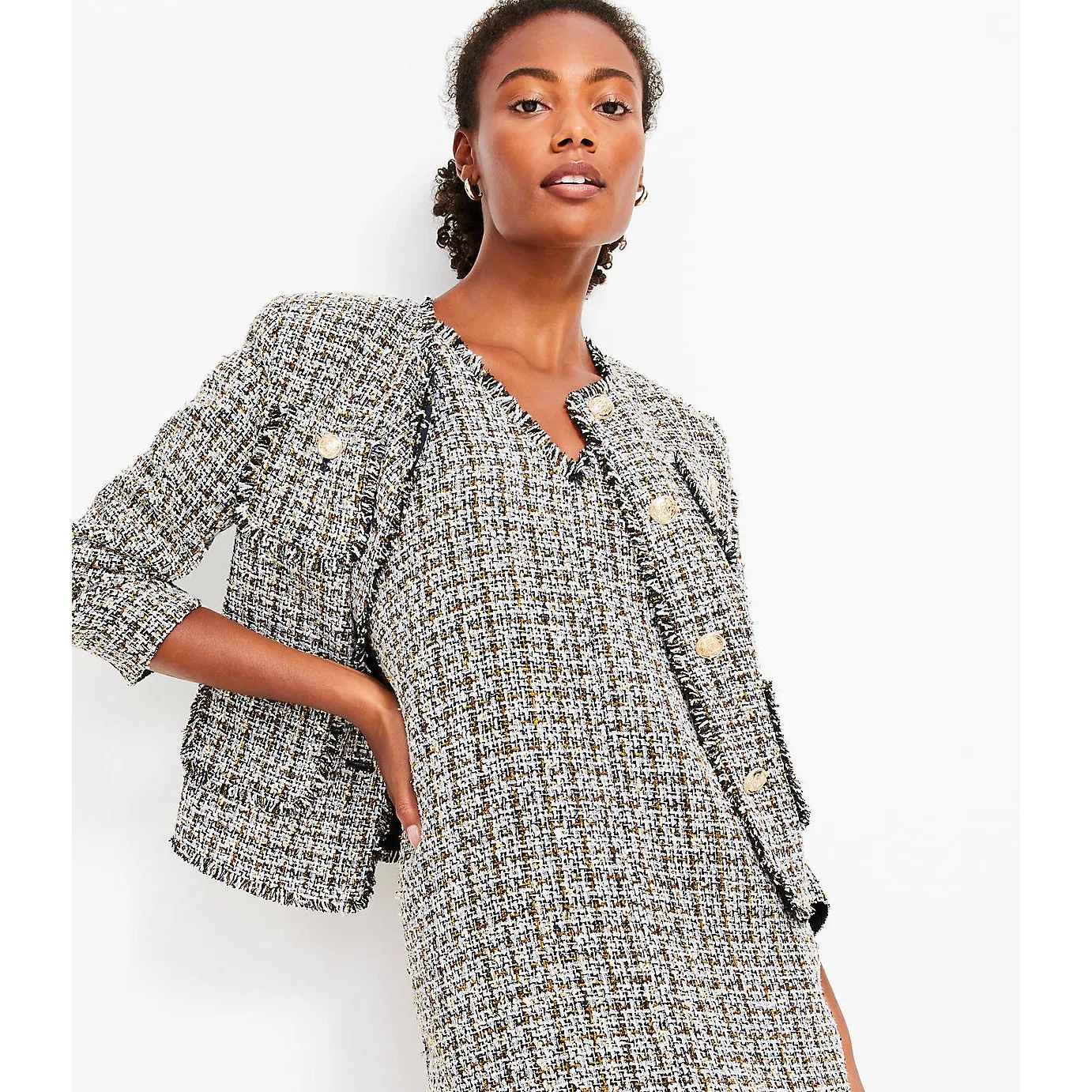 Loft Women's Metallic Fringe Tweed Double V‎ Mini Dress Navy Blue Gold White 12 - Image 2