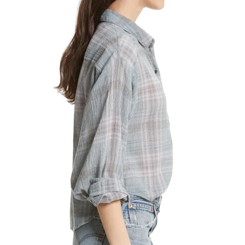 Free People Cropped Cutie Plaid Button Front Cotton Shirt Blue Gray Size Small - Image 7