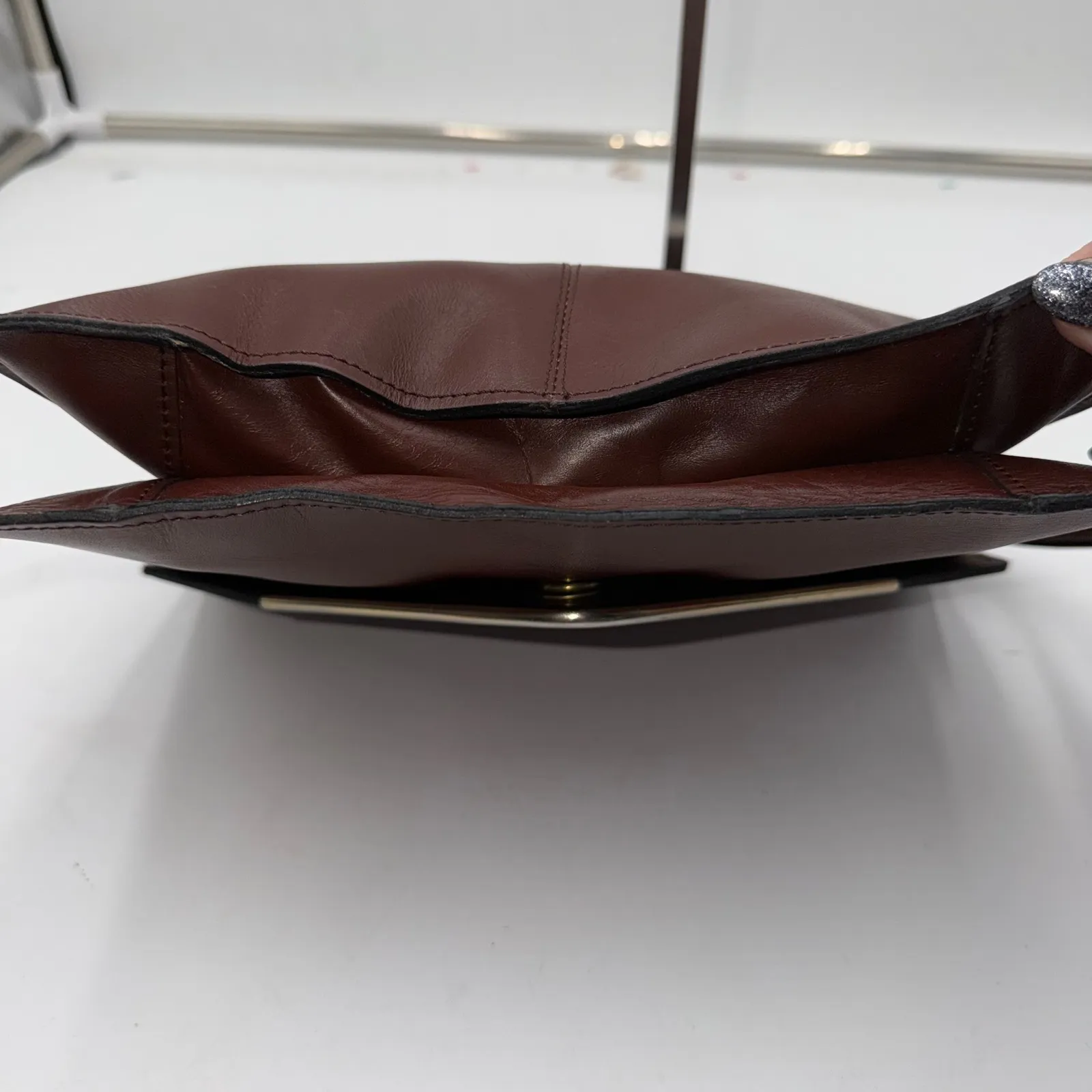 Vintage Leather Envelope Clutch Purse Brown Minimalist Chic Metal Accent Bag - Image 4