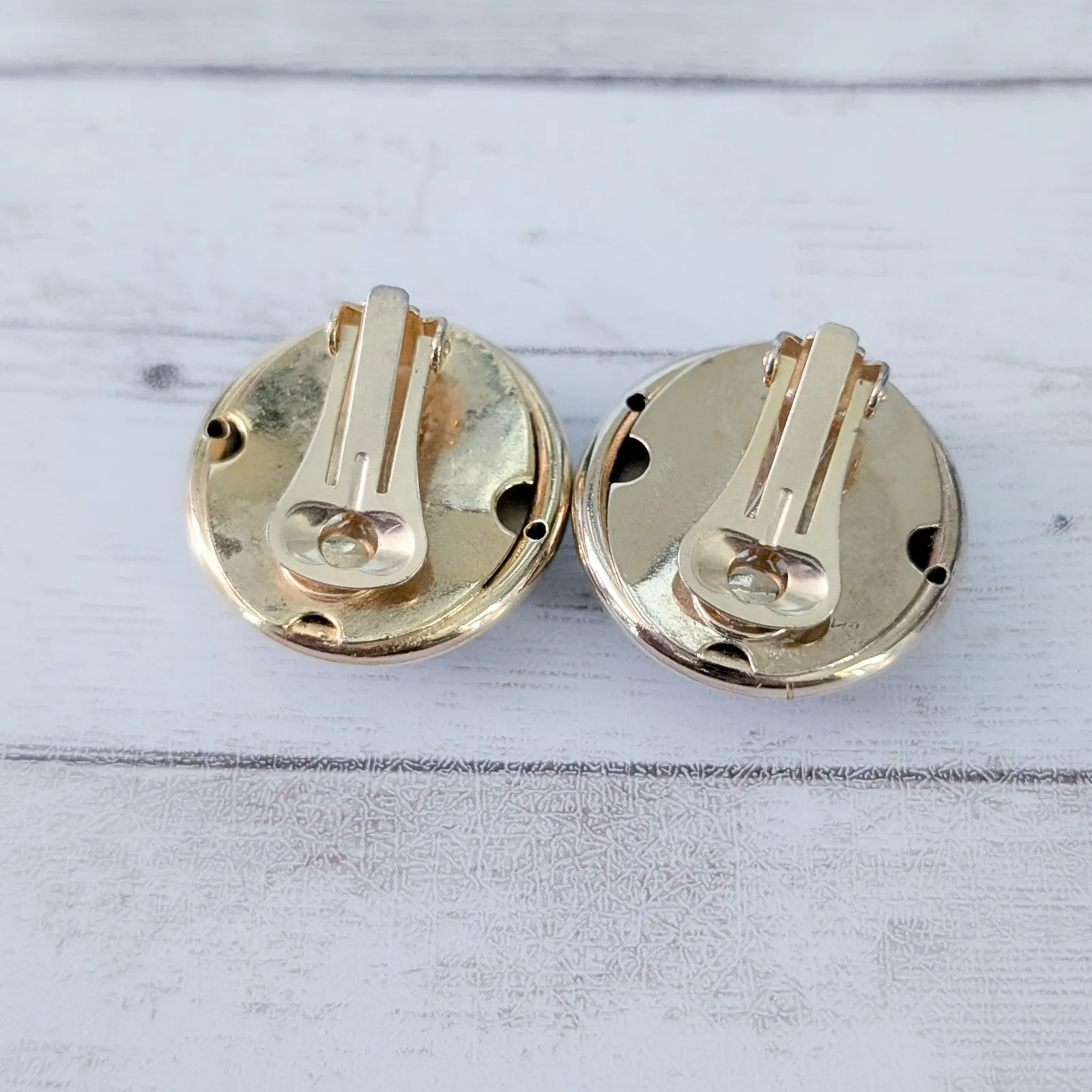 Vintage Clip On Earrings Large Shiny Brown with Gold Tone Halo 1 & 1/8" - Image 6