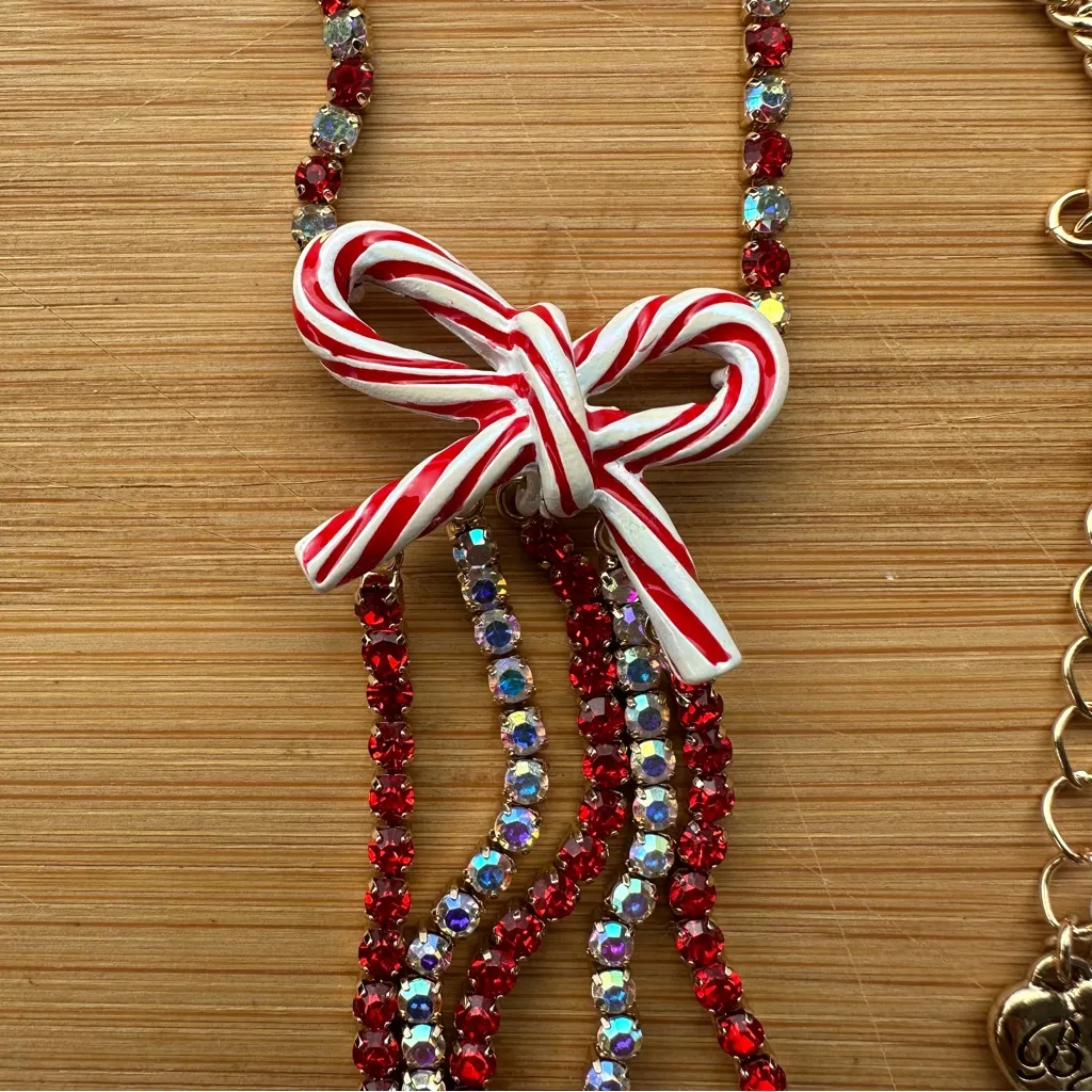 Betsey Johnson CANDY CANE BOW Necklace Gold Tone Red Crystal   New - Image 2