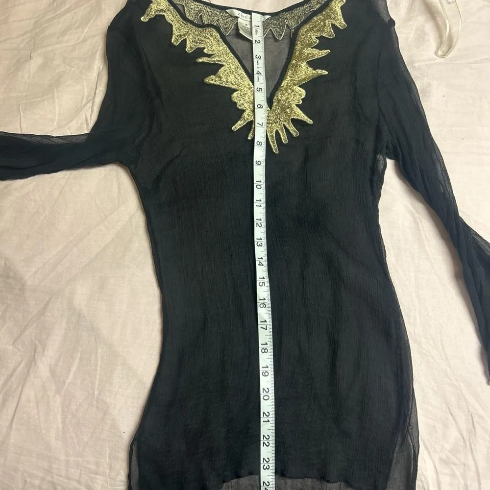 Vintage Z.B.D. Design 90s Flared Sleeve Black and Gold Sheer Silk Slip Blouse Size 6 - Image 7