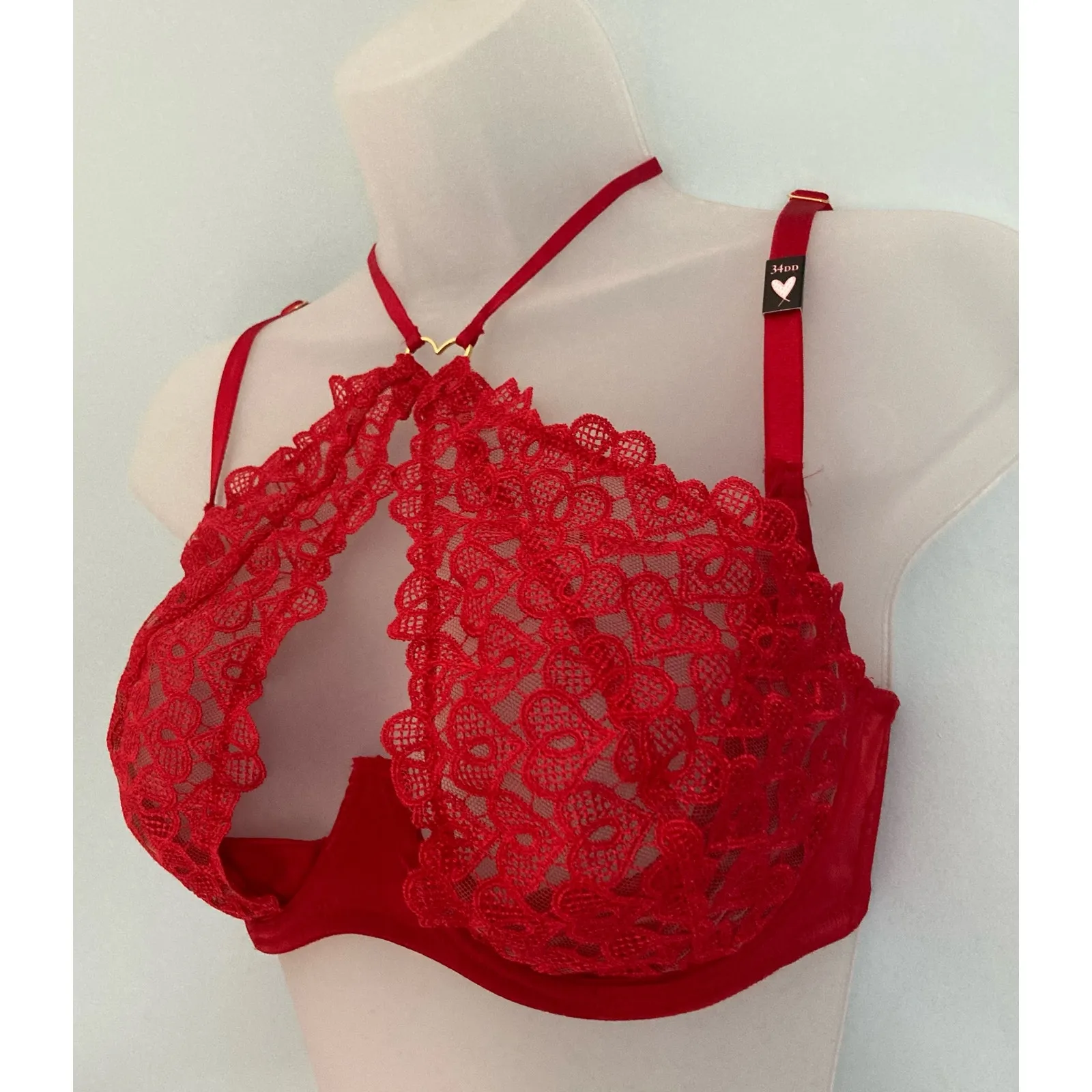 Victoria's Secret Dream Angels Bra 34DD Red Hearts Lace - Image 2