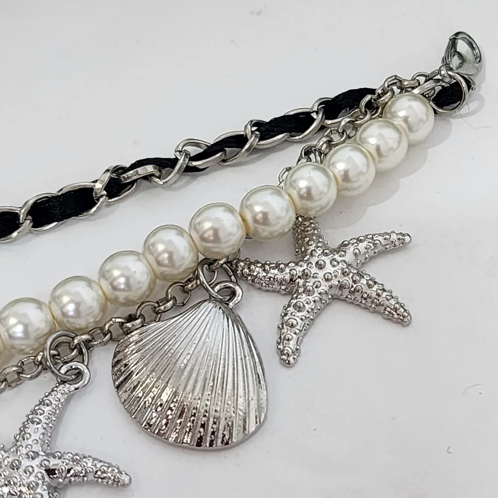 Silver 3 Strand Chain Bracelet Pearls, Seashell Starfish - Image 5