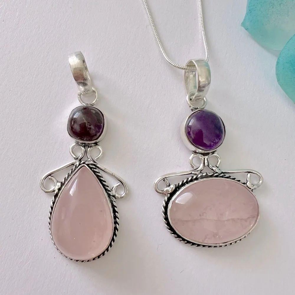 925 Sterling Silver Amethyst Rose Quartz angel Necklace womens jewelry Handmade Pink - Image 5