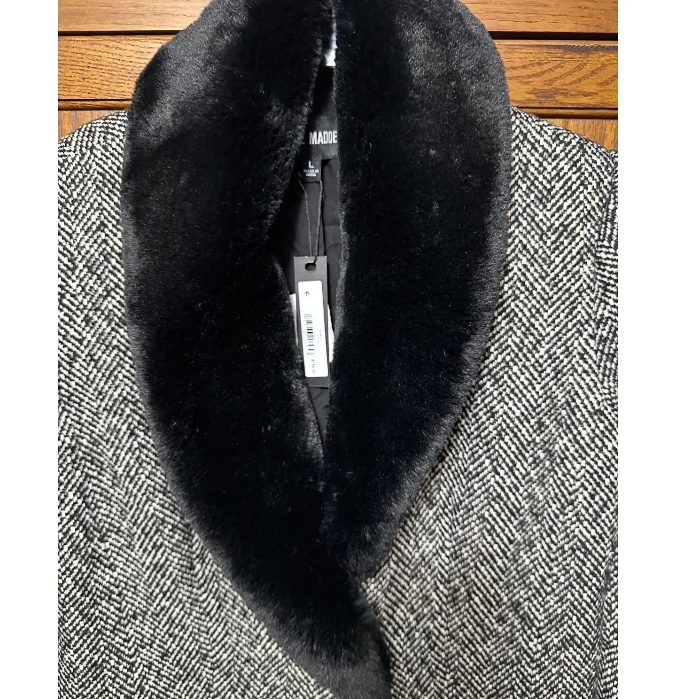 Herringbone Tweed Coat Black Faux Fur Collar Longline Winter Warm - Image 8