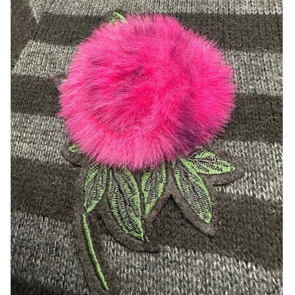 Zara: Black and Gray Striped Sweater with Floral Embroidery Patch - Image 4