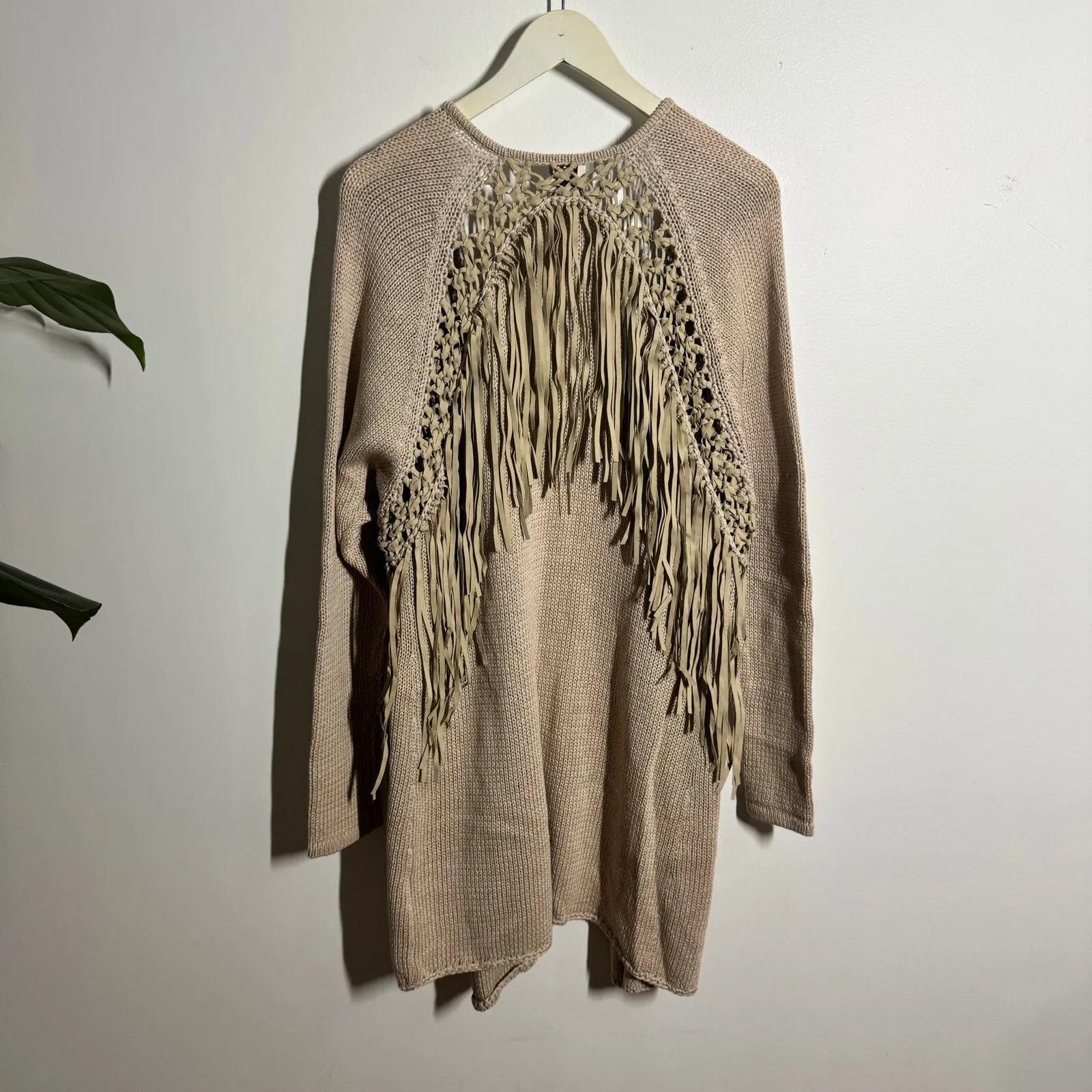 Haute Hippie Cardigan Women M Tan Knit Fringe Cotton Boho Western Fall Country - Image 3