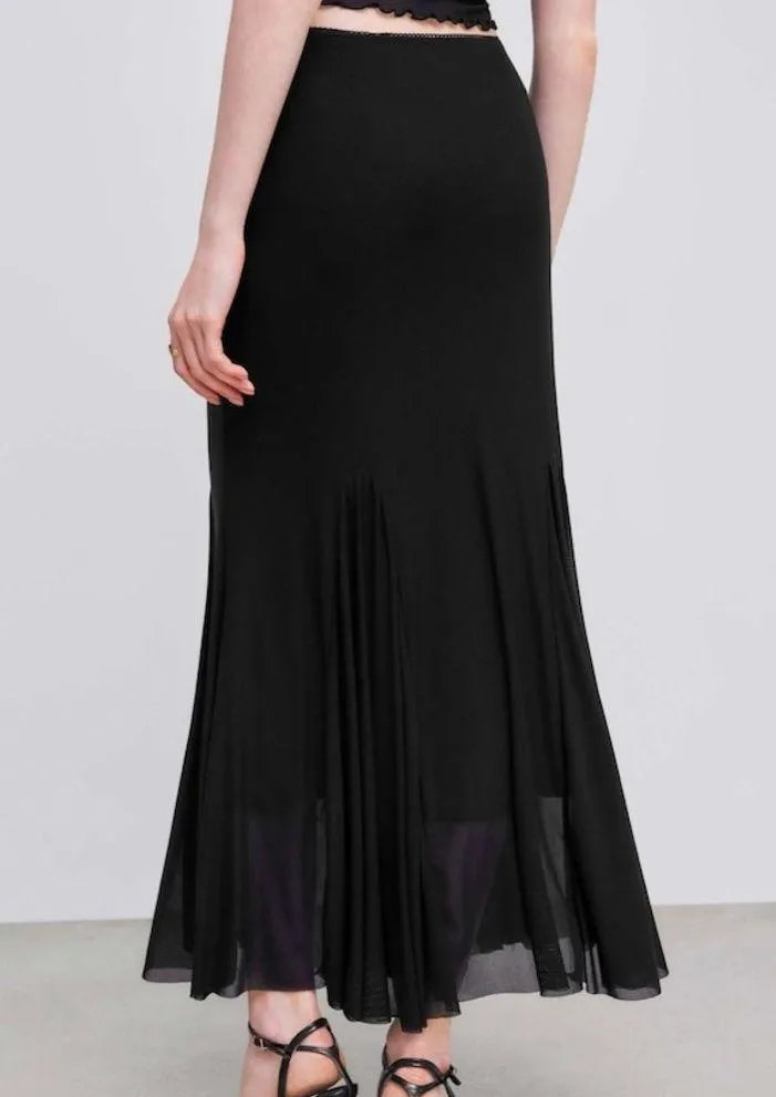 Cider  Black Mesh Mid Rise Ruffle Maxi Skirt - Image 3