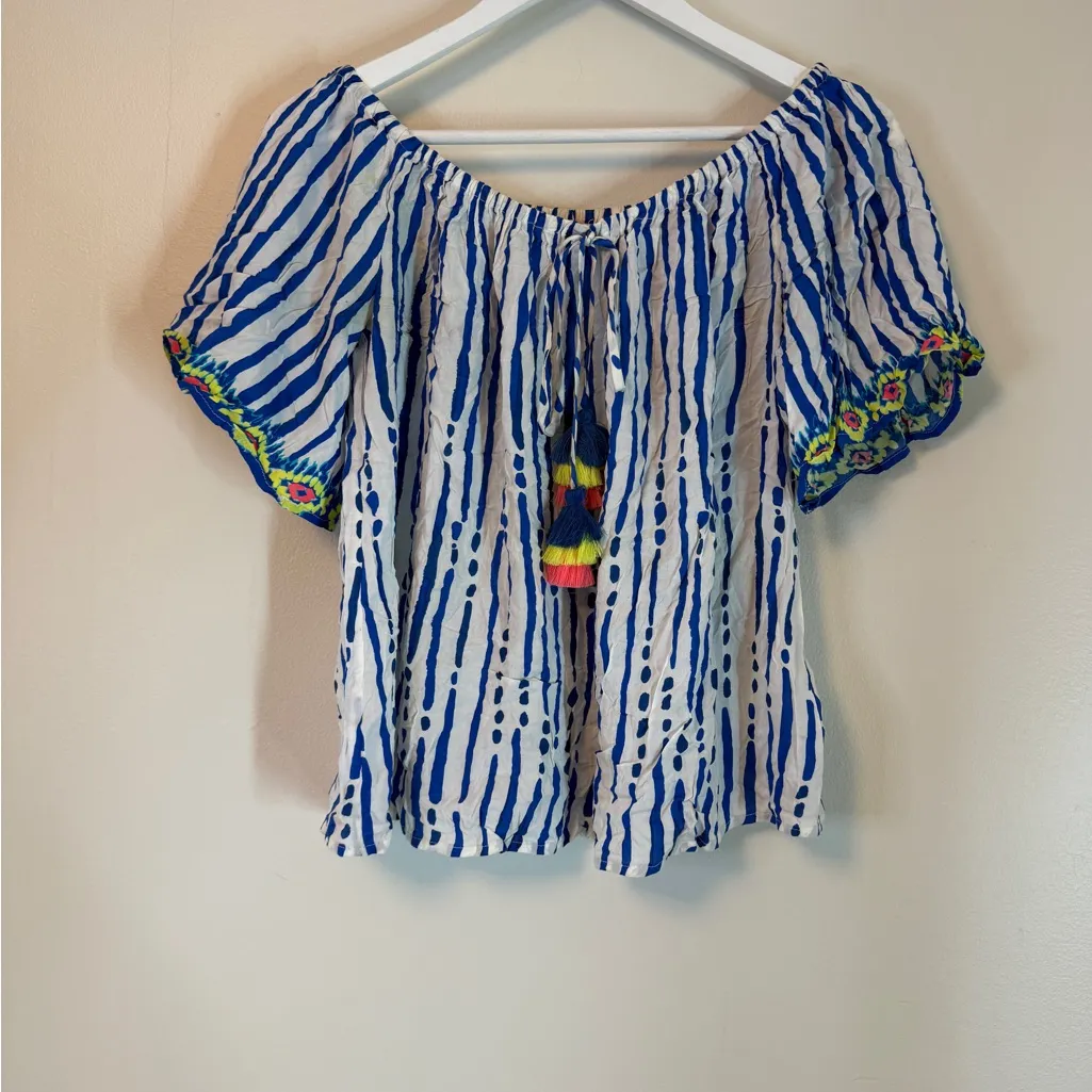Lilly Pulitzer Shirt Multi Color Sain Off  Shoulder Tassel Short Sleeve Medium - Image 3