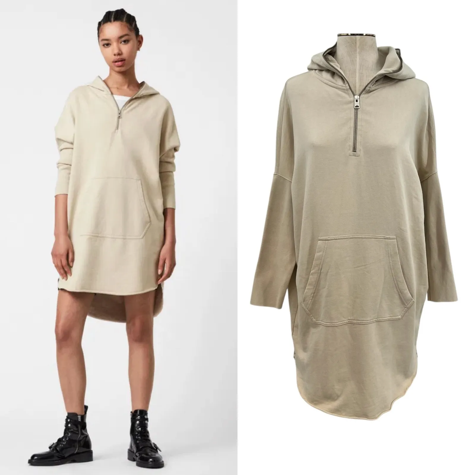 AllSaints Xonda Hoodie Dress Sweatshirt Zip 1/4 Zip Beige Cream Size Small - Image 2