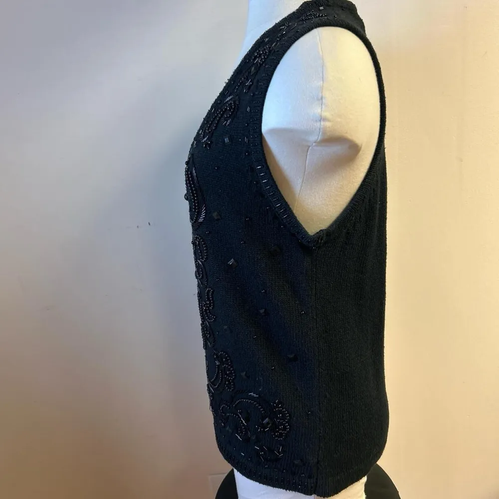 Vintage Yarnworks Black Beaded Sleeveless Grandma Vest size S - Image 4