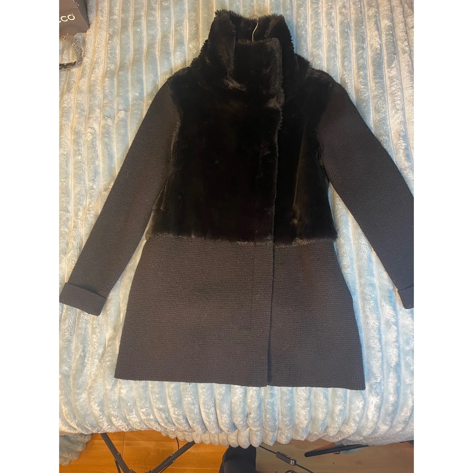 The Kooples Black Faux Fur & Knit Mock Neck Coat Women's Size S - Image 2