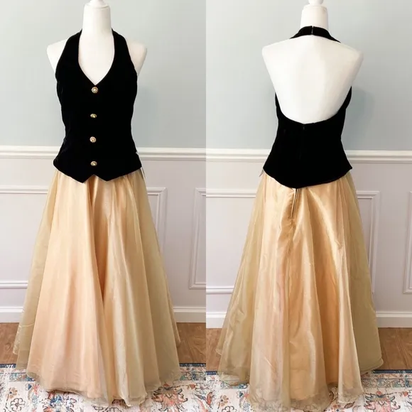 NWT80s Retro Victorian Ball Gown Party Dress Two Tone Velvet Gold Glitter Sz 12 - Image 2