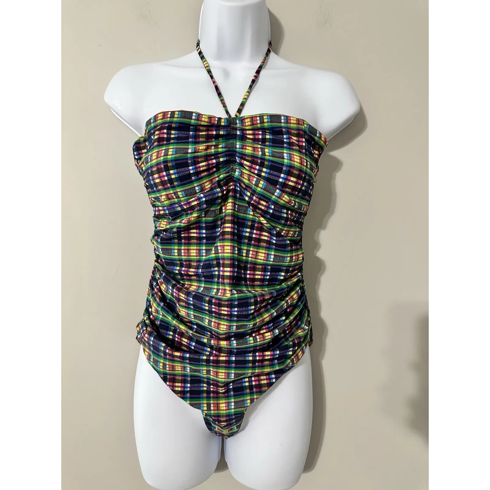 GANNI Halterneck Ruched Checked One Piece Swimsuit Multicolor NWOT Size S - Image 2