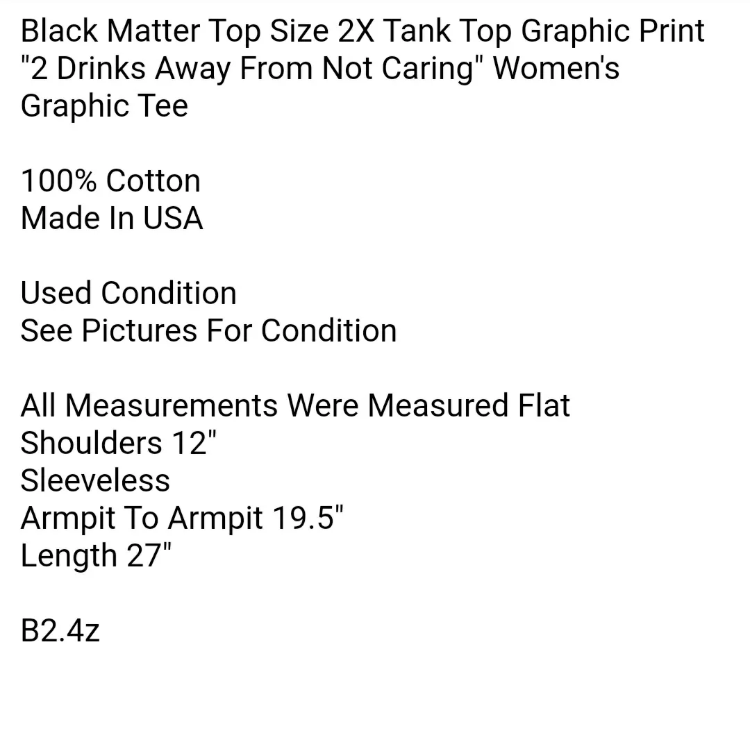 Black Matter Top Size 2X Tank Top Graphic Print "2 Drinks Away From Not Caring" - Image 5