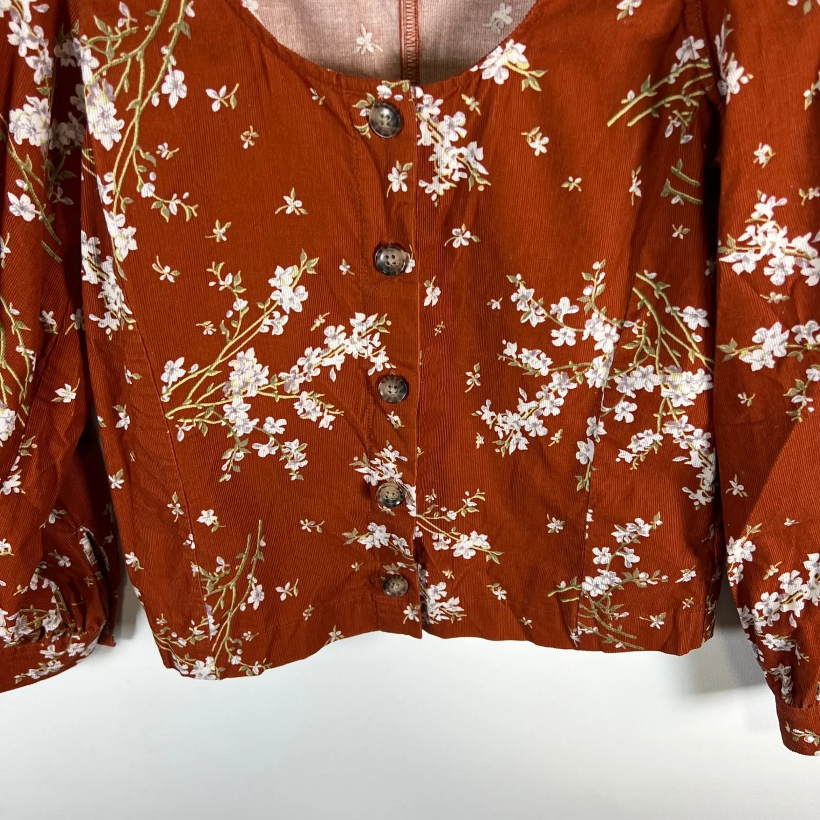 Madewell Corduroy Floral Button Up Long Sleeve Top Women Size S Rust Orange - Image 3