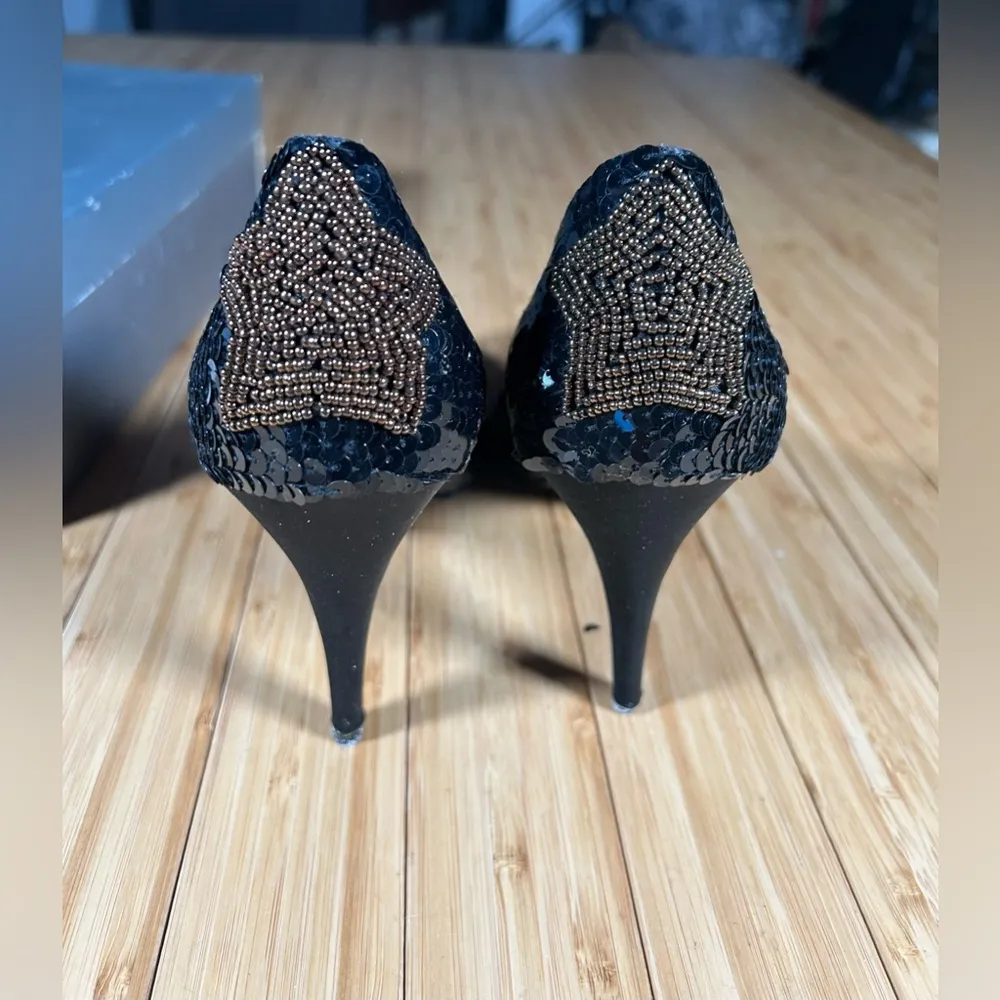 Vintage Beaded & Sequin Black Shoes With Stars Size 10 Used - Image 5