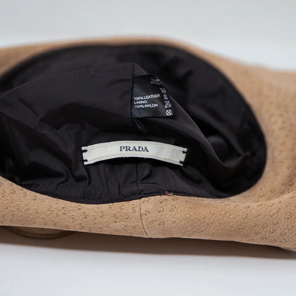 Prada Genuine Leather Textured Ribbon Bow Trim Bucket Sun Hat Neutral Beige M - Image 2