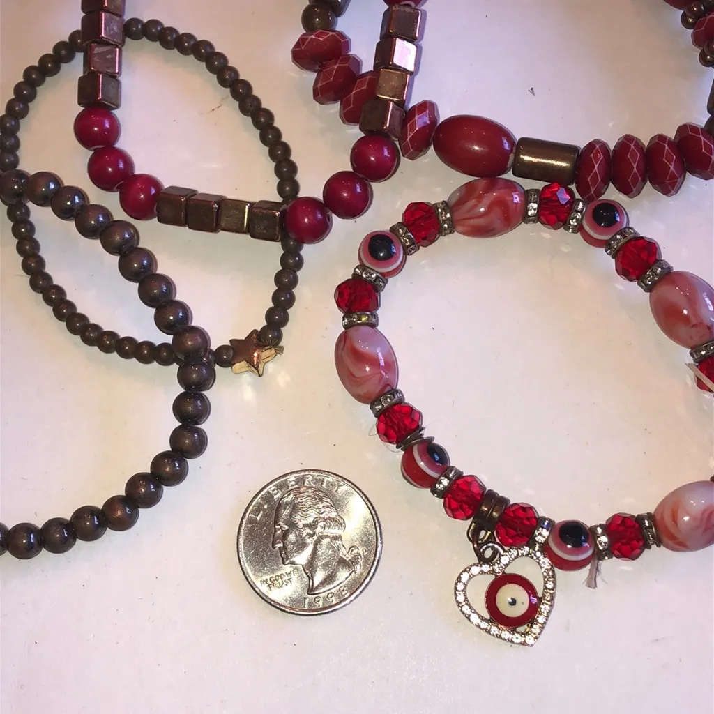 Red and Brass Tone Beaded Boho Evil Eye Bracelet Set - Image 7