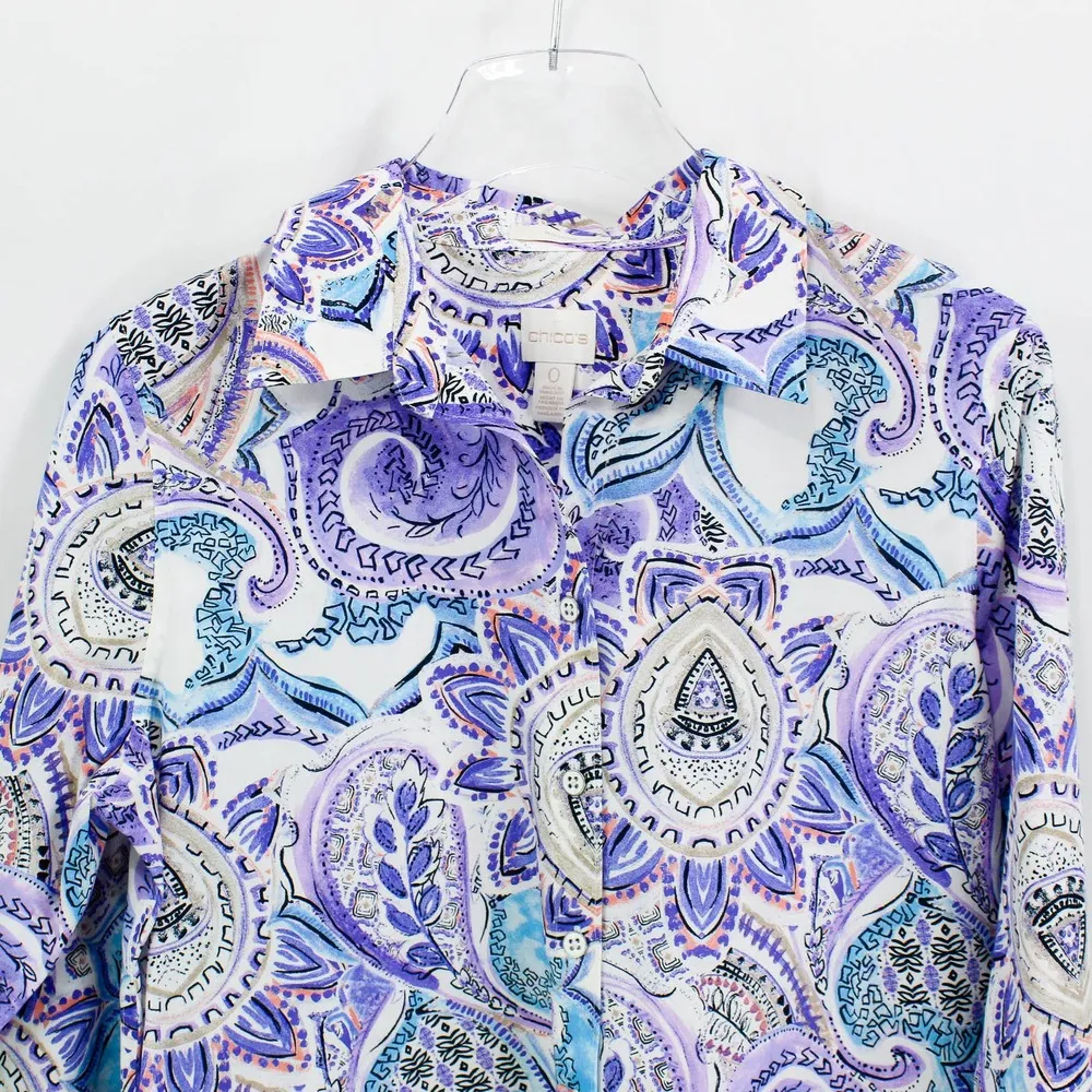 CHICO'S Purple Cotton Paisley Floral Button Down Blouse - Image 2