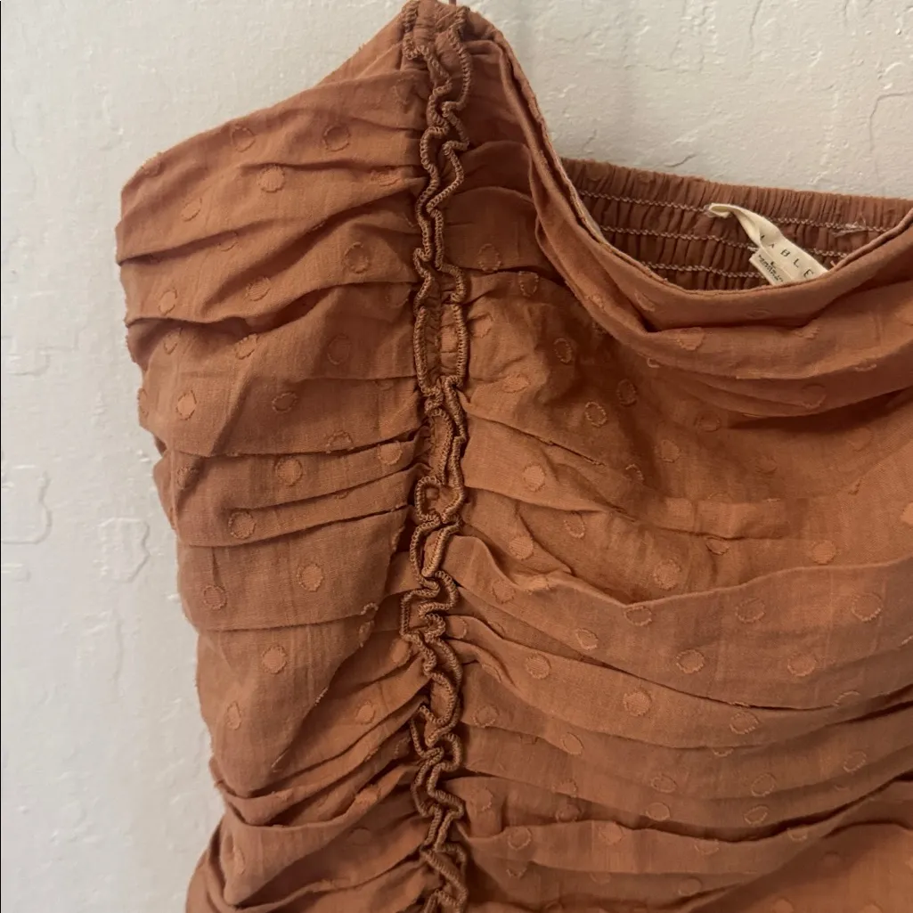 Mable Brown Camel Tan Polka Dot Ruched Mini Dress Tie Straps Large Bodycon - Image 4