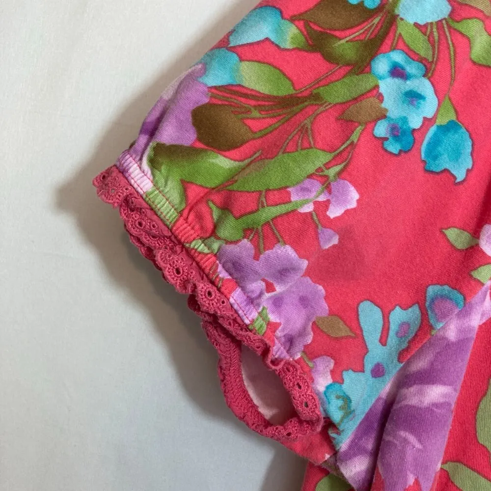 Caribbean Joe Pink Blue Purple Green Floral Lightweight Short Sleeve Blouse Top - Image 3