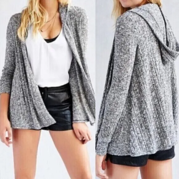BDG URBAN OUTFITTERS UO Hooded Ribbed Cardigan Black White Marled Open Sweater - Image 2
