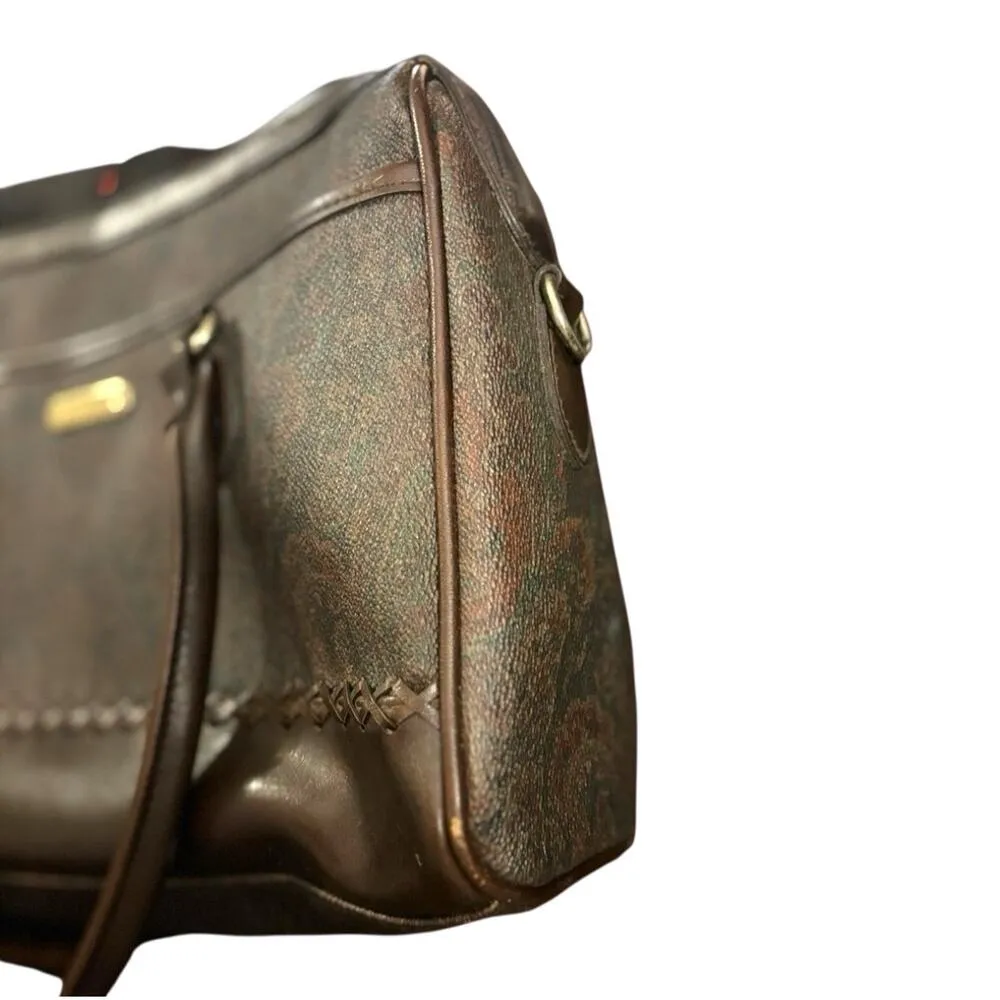 Vintage Liz Claiborne Brown Paisley Tapestry Satchel Tote Bag Purse Leather Trim - Image 3