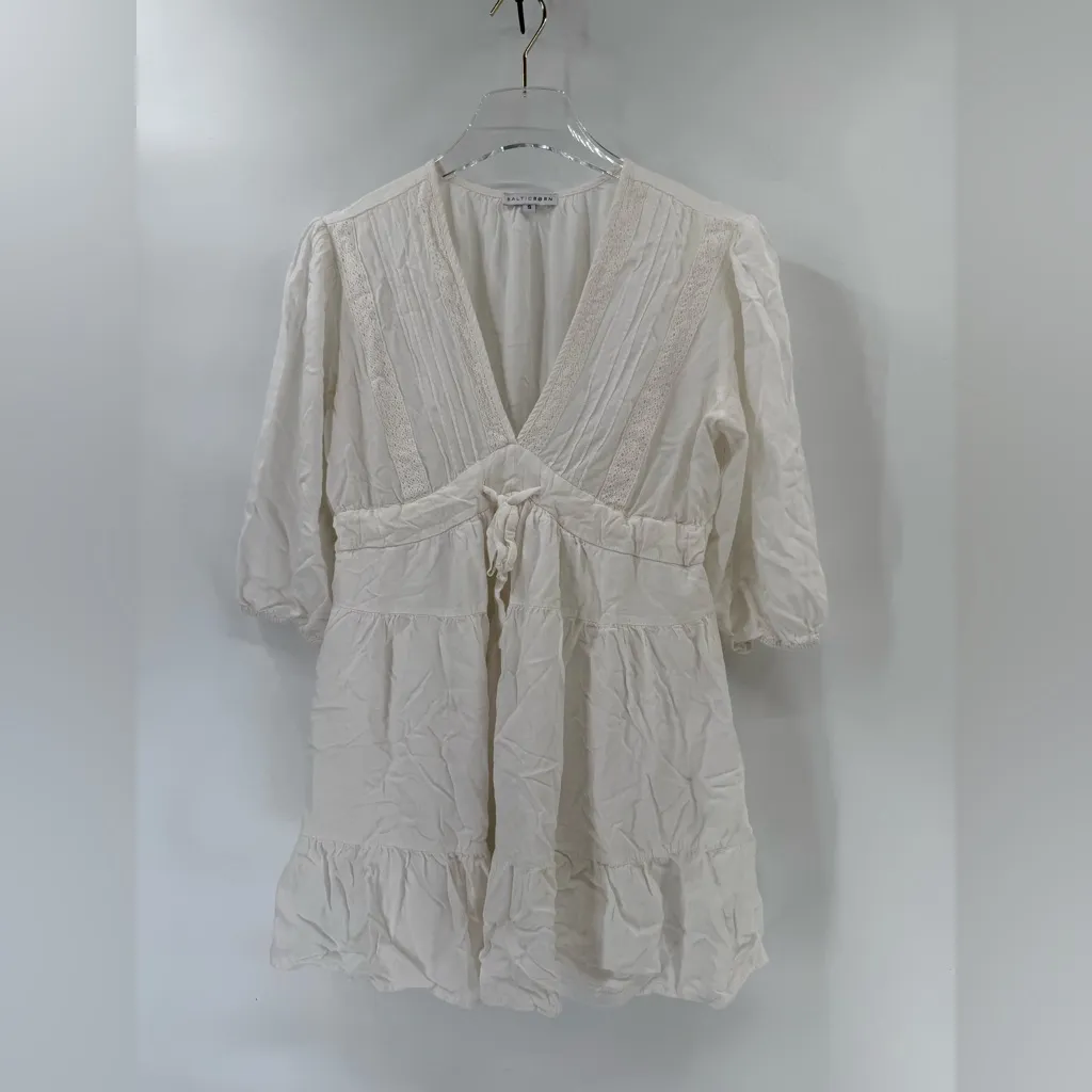 Baltic Born Amelia White Boho Pintuck & Lace Gauzy Mini Dress size small - Image 3