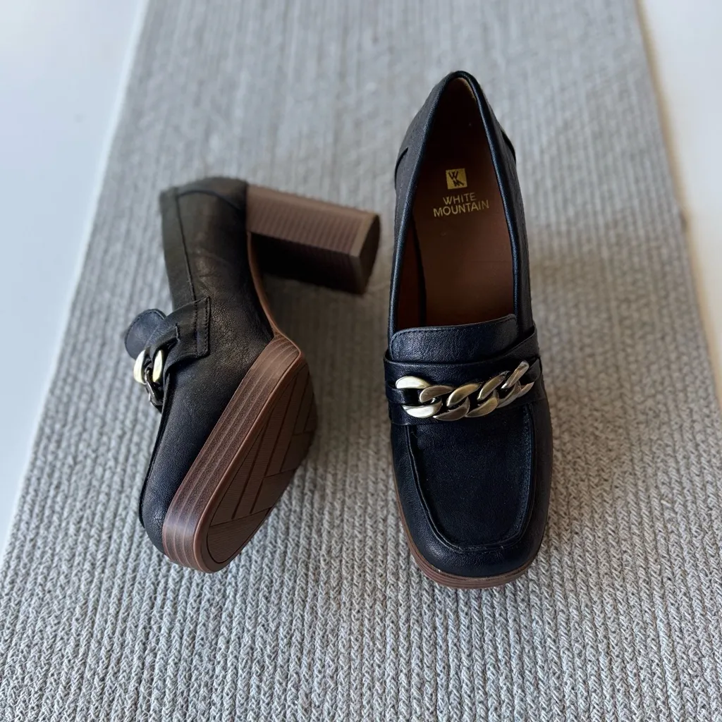 White Mountain Manning Block Heel Square Toe Loafers Black w Brass Detail Sz 8.5 - Image 4