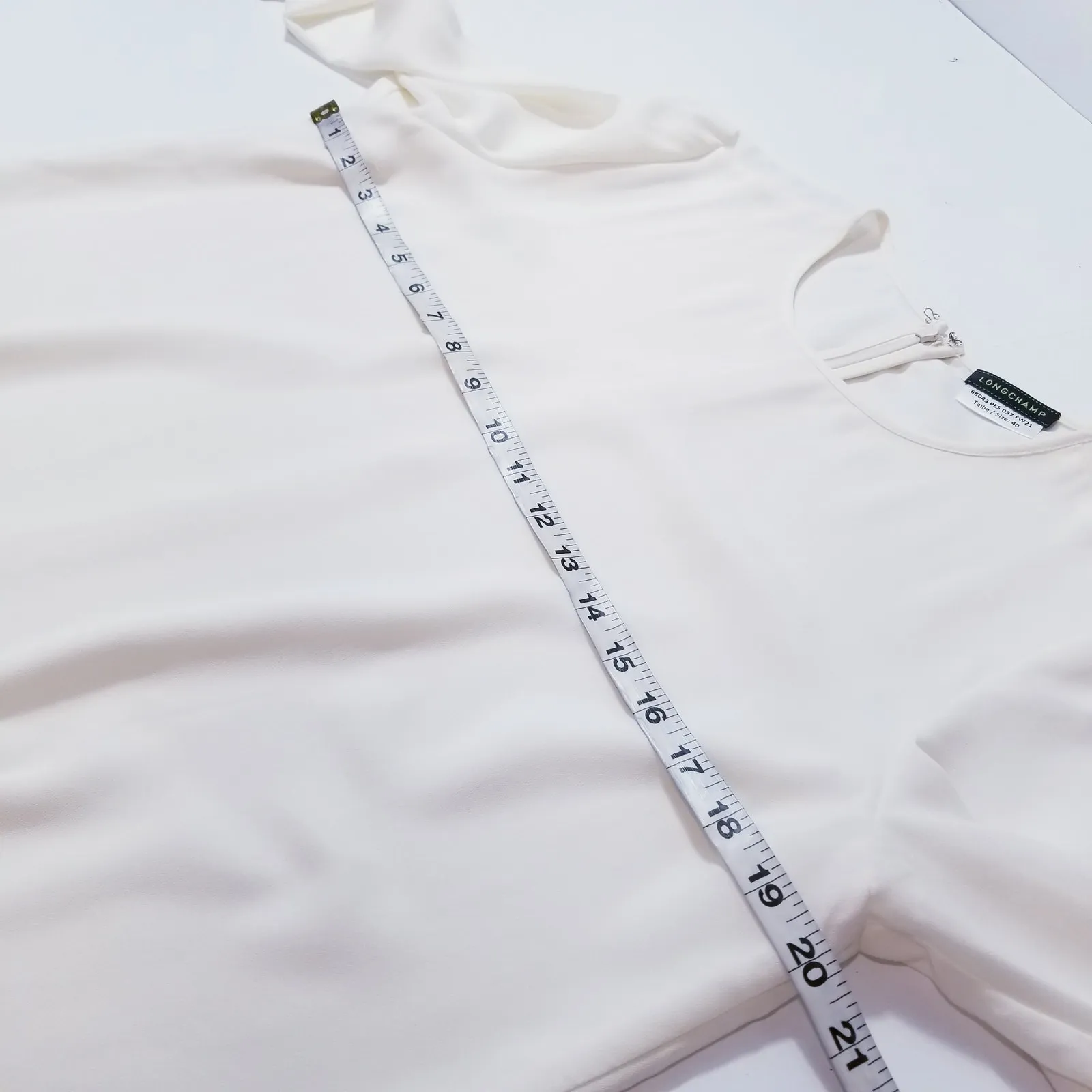 Longchamp White Crew Neck Blouse Cuff Slit Minimalist - Image 5