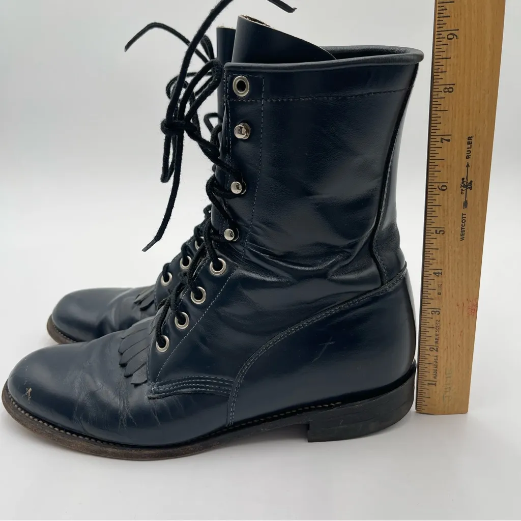 Vtg Justin Western Roper Kiltie Hiram Blue Womens Boots Lace Up Size 7C Fringe - Image 11