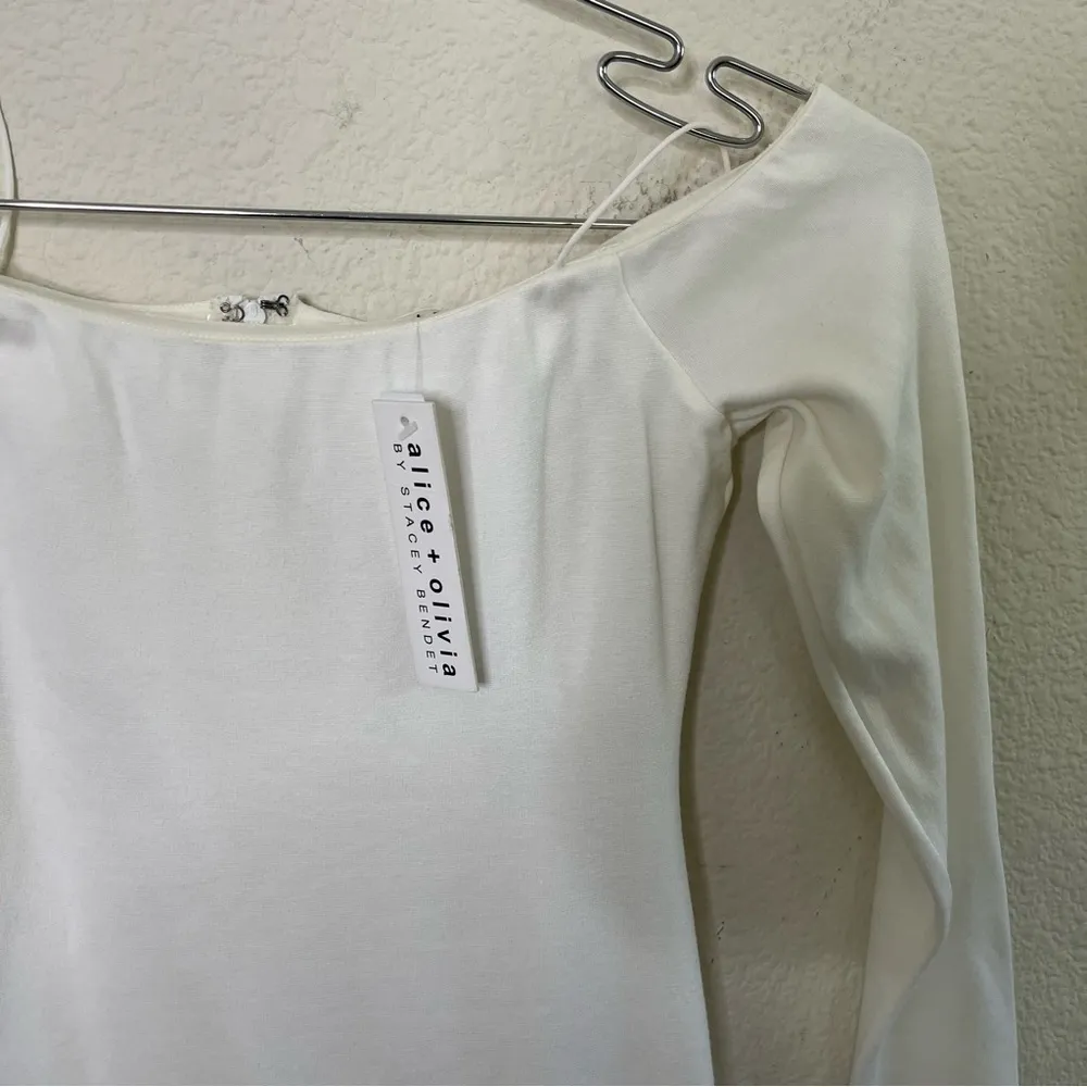 NWT Alice + Olivia Dorinda Off Shoulder Long Sleeve Knit Midi White Dress Size 0 - Image 6